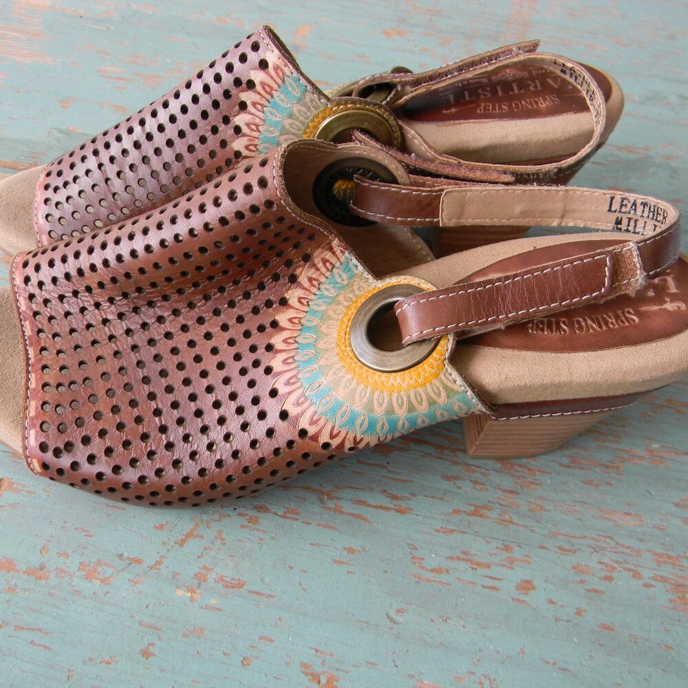 L'Artiste by Spring Step  ARTISAN BOHO PERFORATED FLORAL DETAIL LEATHER HEELS 38 - Picture 3 of 7